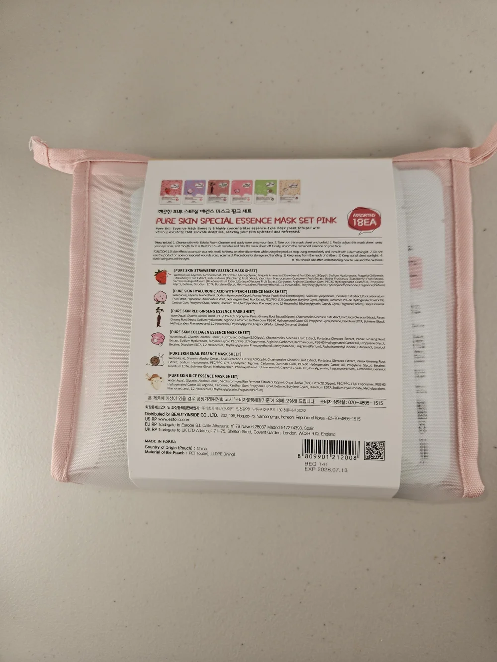 esfolio Pure Skin Special Essence Mask Set, 6 Different Kinds, 3 Masks Each Pink